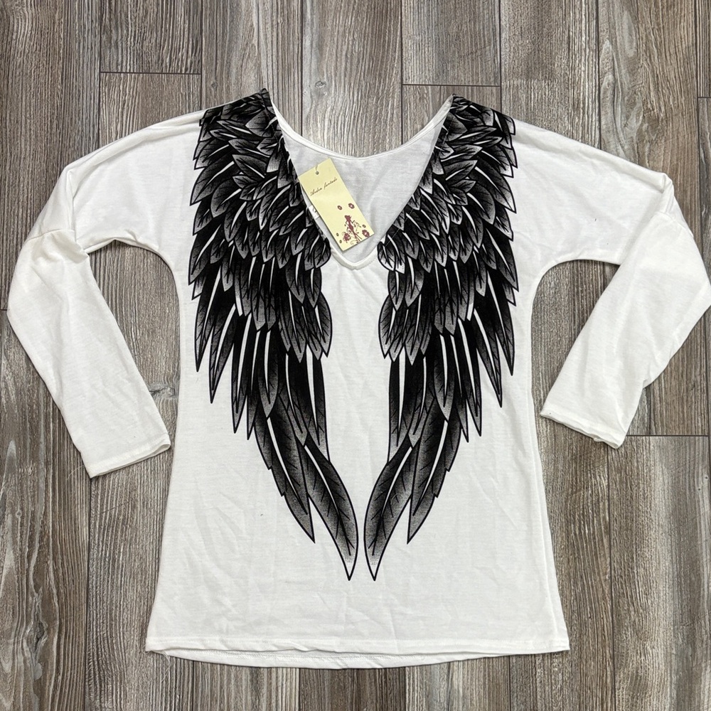Arden Furtado White Long Sleeve Top with Black Wing Design
